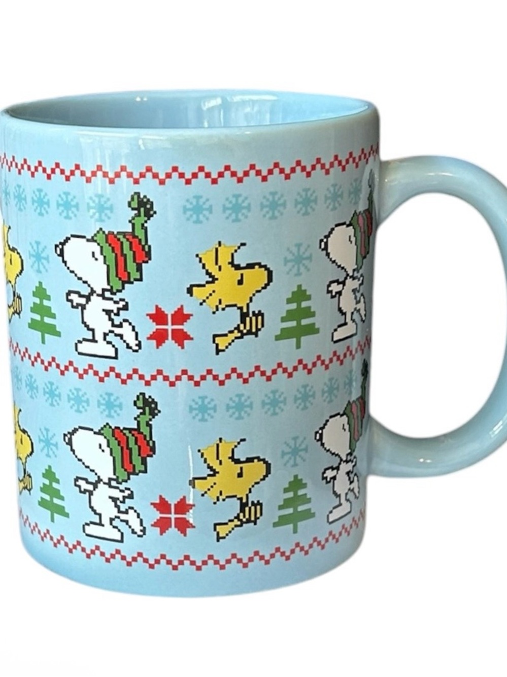 Holiday Snoopy & Woodstock Light Blue knit Pattern Ceramic Mug